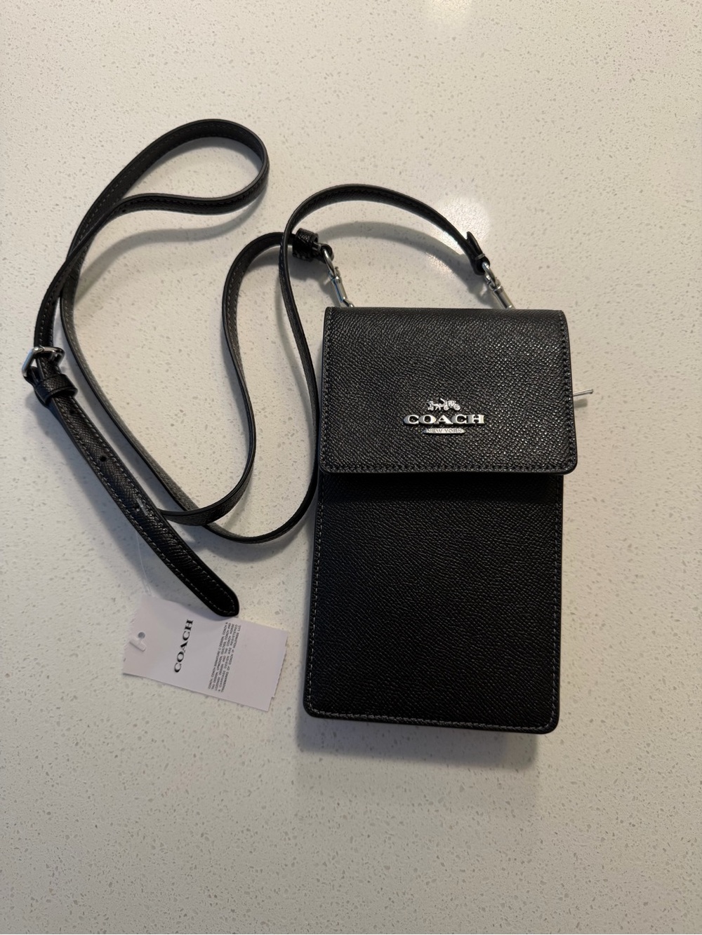 Coach Black Leather Crossbody Phone Pouch with Logo
